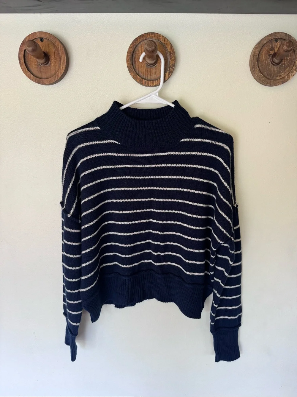 The Workshop navy blue Striped Mock Neck cropped Women's Sweater size small